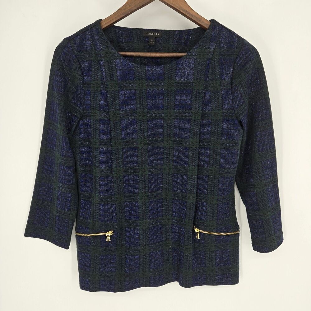 Talbots Plaid Blouse Small Zip Pocket Jacquard Boat Neck Preppy